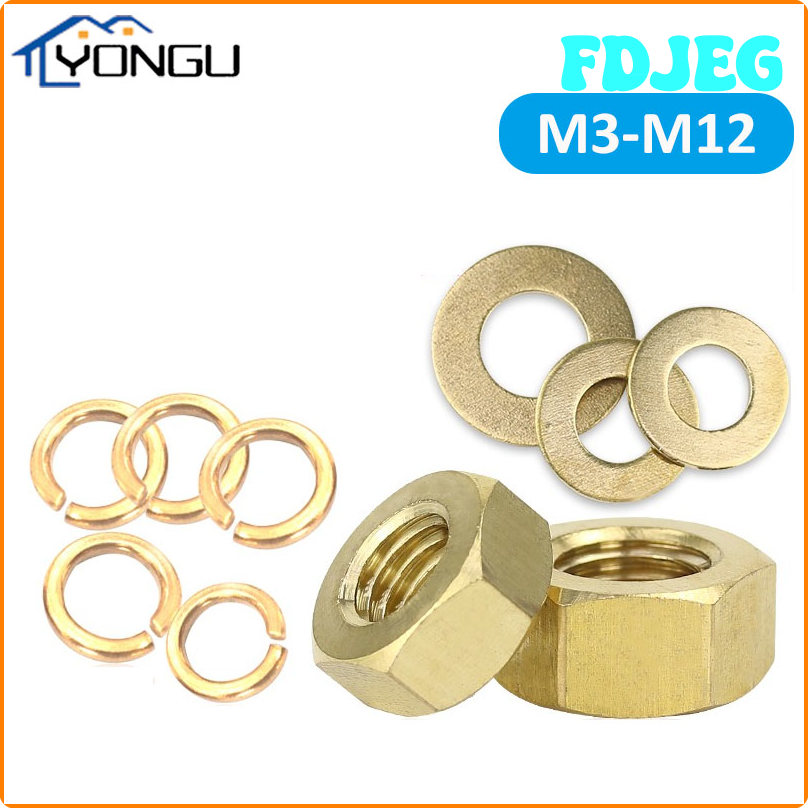 FDJEG Brass Suits Hex Hexagon Nuts Flat Washer Single Coil Spring Lock Washers Combination Suit M3 M4 M5 M6 M8 M10 M12 BFHSE