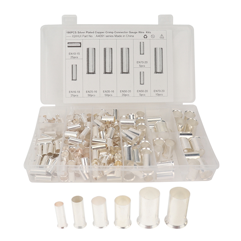 190 Pcs (AWG 8 6 4 2 1 2/0) 2/0-8 Gauge Wire Ferrules Kits Plated Copper Crimp Connector Ferrules Pi