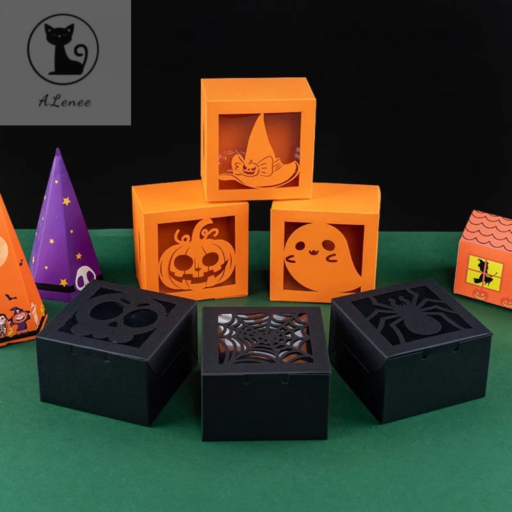 ALENEE 50PCS Giấy kraft Hộp quà kẹo Halloween Cửa sổ trong suốt Hình vuông Hộp đóng gói kẹo Đồ dùng tiệc theo chủ đề Họa tiết ma/bí ngô/nhện Hộp bánh quy Tiệm bánh