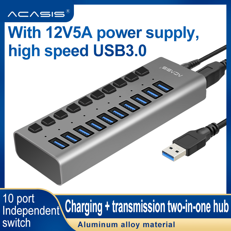 AcasisUSB HUB 3.0 Super Speed 5Gbps 10 Ports Portable USB 3.0 HUB Splitter With External Power Adapter PC For Accessories