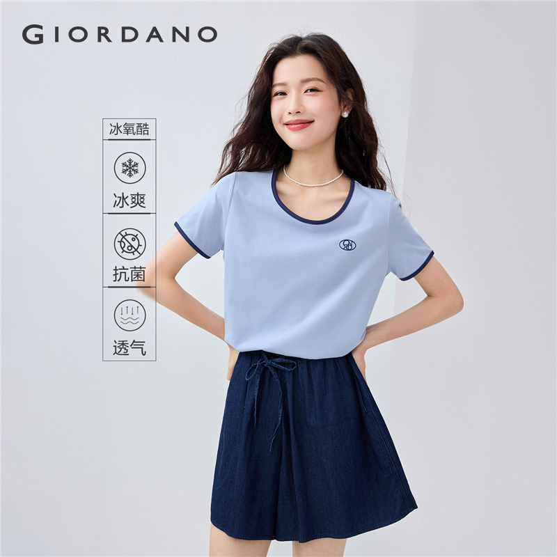 GIORDANO Women T-Shirts Cool-Touch Cotton Letter Embroidery Tee Contrasting Short Sleeve Simple Fashion Casual Tshirts 05325432 ราคา 529 บาท*ส่งฟรี