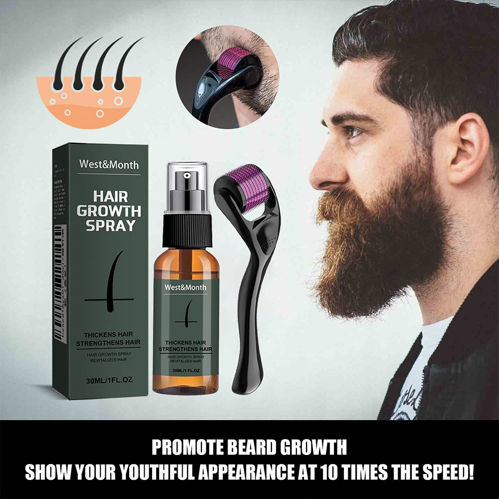 Tây & Tháng Tăng trưởng Tóc Phun Bộ phát triển râu Với Beard Derma Roller Để tăng trưởng Thành phần tự nhiên Bộ chăm sóc da râu