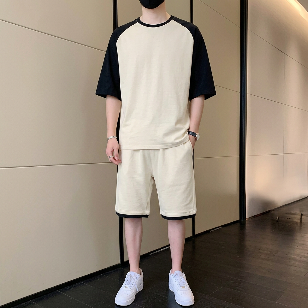 Korean Fashion 2 Piece Set Men Summer Clothes Patch work Tracksuits Men Sports Wear Streetwear Outfits Men Clothing Pure Cotton