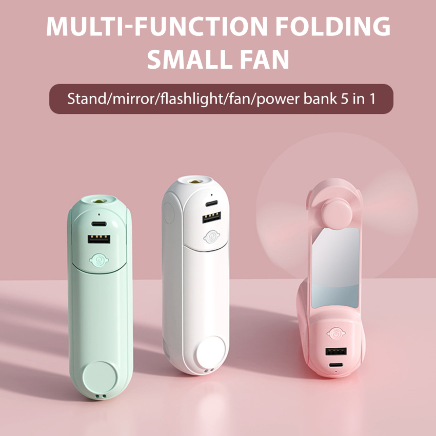 5-in-1 Mini Desk Fan USB Rechargeable Handheld Fan with Phone Stand Mirror Flashlight Portable Folding Fan