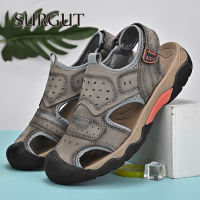 SURGUT New Summer Beach Fashion Genuine Leather Sandals Safety Anti-Collision Outdoor Casual Soft Comfort Mens Shoes Size 36-46