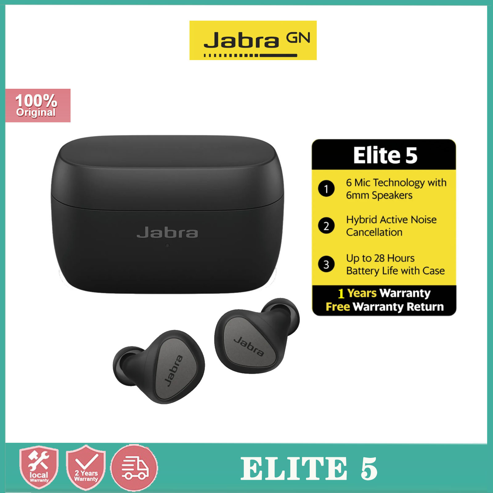 Jabra Elite 5 True Wireless Earbuds Bluetooth with Active Noise Canceling , 6 Microphones, IP55 TWS Earbuds