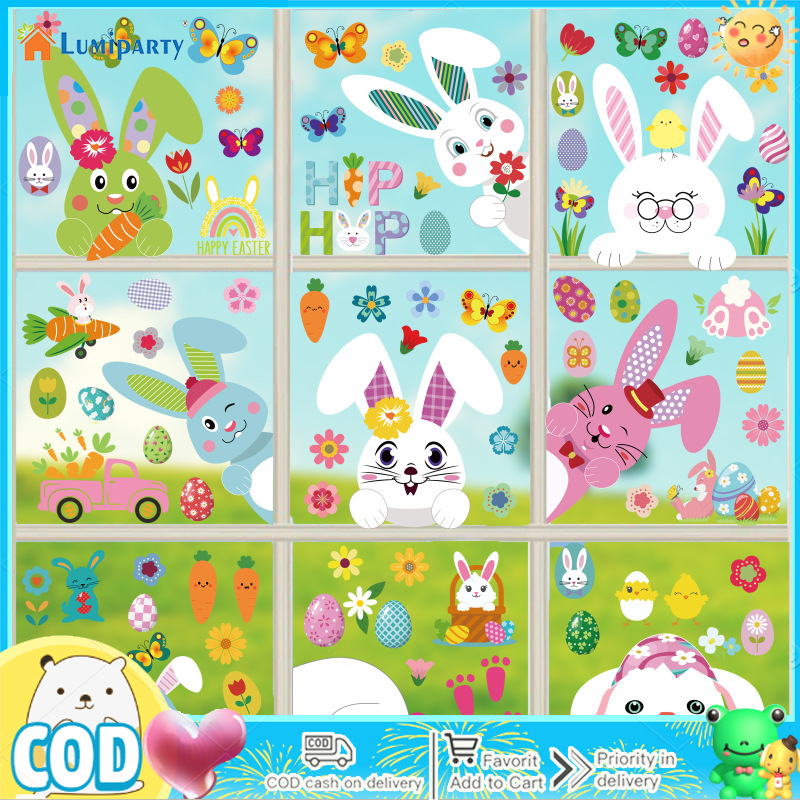9 Sheets Window Clings, Easter Rabbit Colorful Eggs Butterfly Window Decal