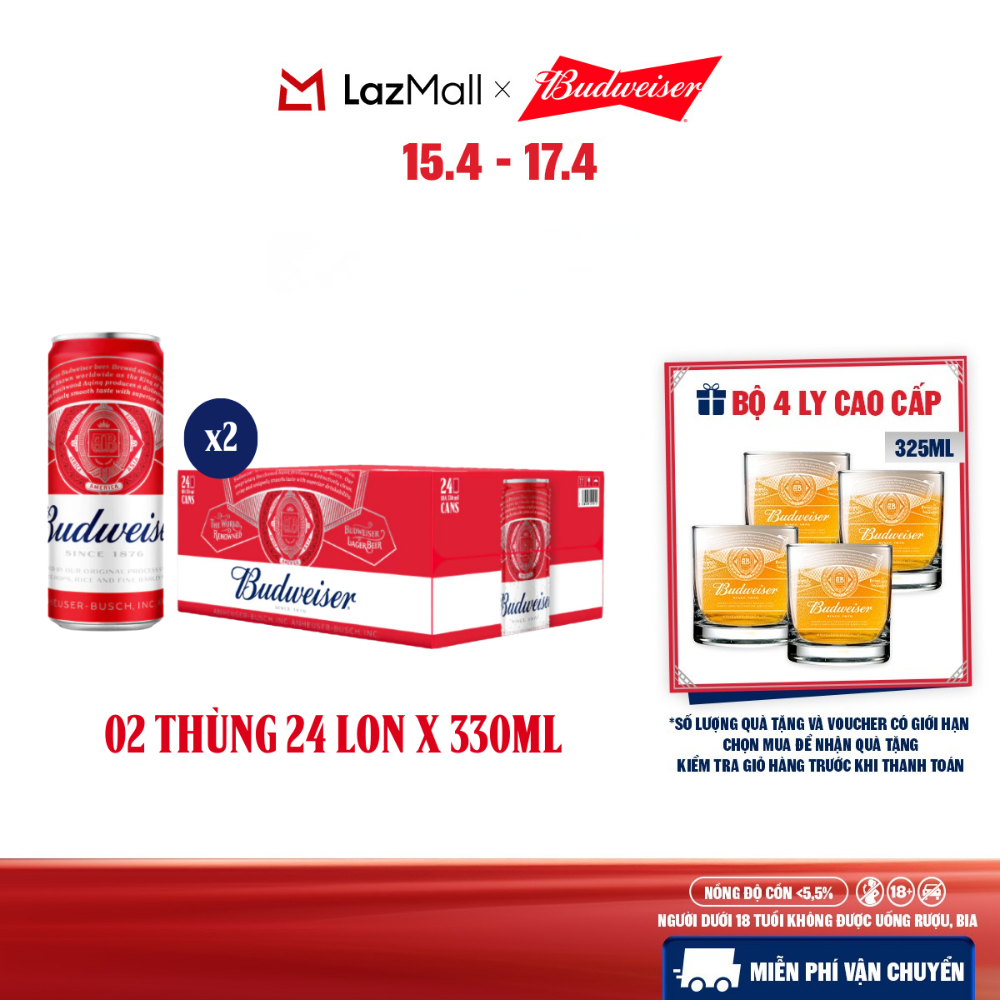 Combo 2 Thùng 24 Lon Bia Budweiser Sleek Can Chính Hãng (330ml/lon)