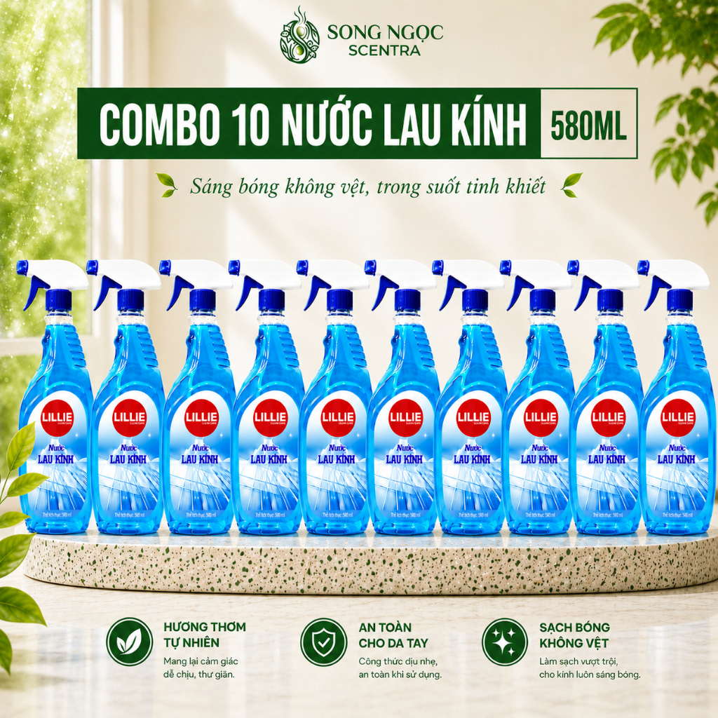 (COMBO 10 TIẾT KIỆM) Nước lau kính LILLIE by Caroline chai 580ML hiệu quả chống bụi không gây vệt sọc