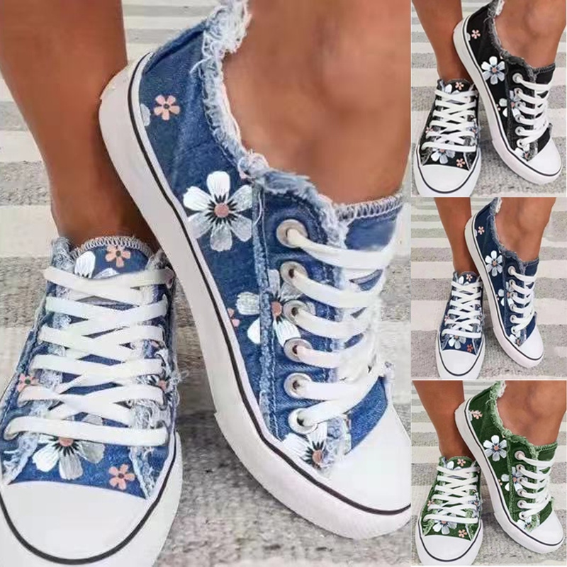 {Flying shoes} Women Shoes for Plus 2022 Retro Floral Print Canva Female Fashion Flat Lace-up Sneakers Casual Woman Loafers
