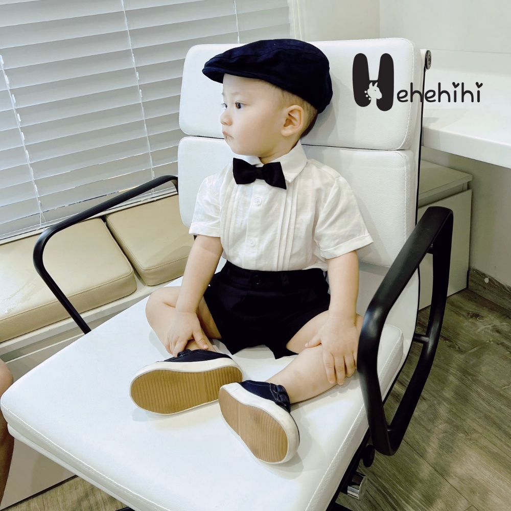 Áo sơ mi bé trai HEHEHIHI tay ngắn xếp ly màu trắng chất vải Linen Hàn Quốc thoáng mát A06