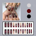 24pcs dài hình thang màu đỏ gradient pháp punk kim loại halloween mạng nhện mô hình móng tay giả LE-VN