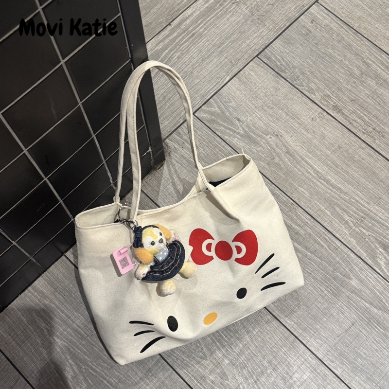 Movi Katie dung tích lớn Túi Vải Bố Mới HelloKitty Tote kiểu học sinh Dễ thương Crossbody Ins Di động đeo vai đi lại