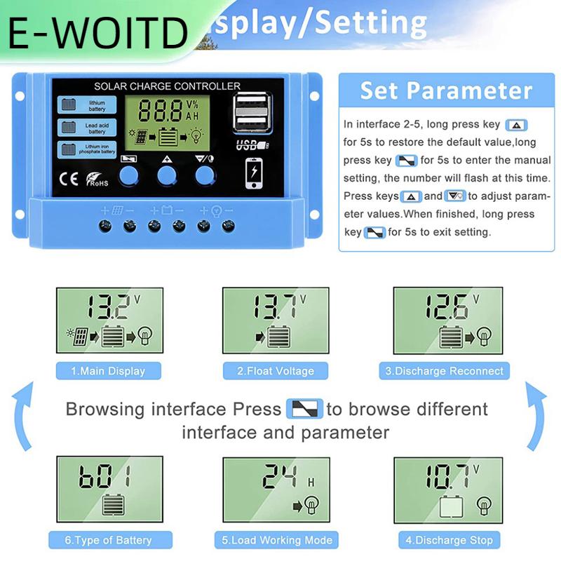 【E-WOITD】 20A 30A เครื่องควบคุมการชาร์จพลังงานแสงอาทิตย์12V 24V แผงเซลล์แสงอาทิตย์สำหรับรถยนต์ตัวควบคุม PV LCD สำหรับแบตเตอรี่ตะกั่วกรดแบตเตอรี่ลิเธียม USB คู่ ราคา 99 บาท*ส่งฟรี