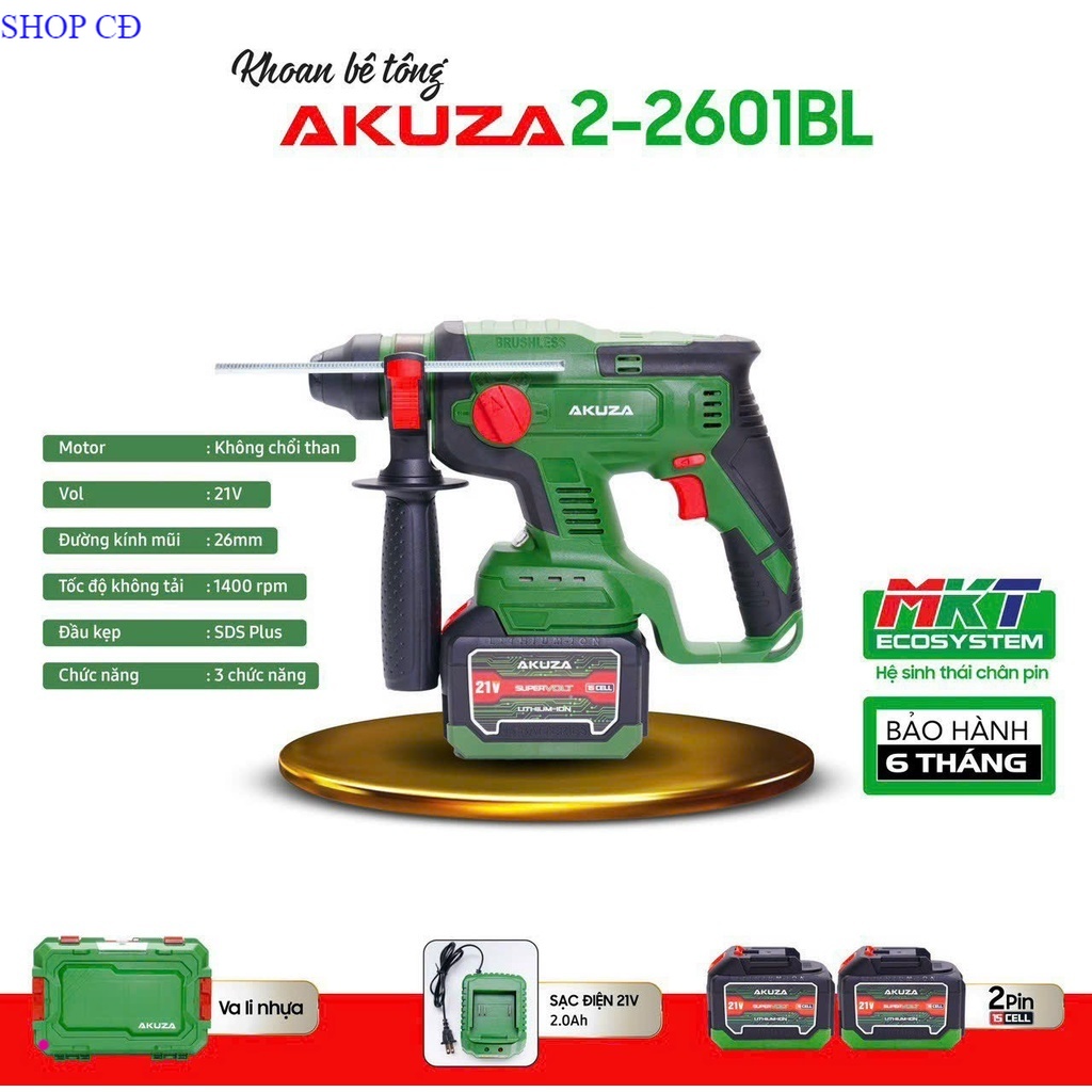 TÓP BÁN CHẠY Máy khoan bê tông 3 chức năng pin AKUZA 2-2601 BL chân pin phổ thông .PIN 15CELL SHOP CU ĐEN