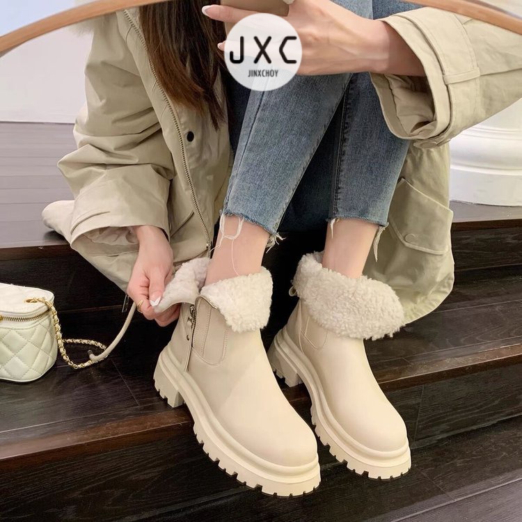 *JINxCHOY Giày bốt JINXCHOY gót cao dày mũi tròn có khóa kéo bên hông thời trang dành cho nữ