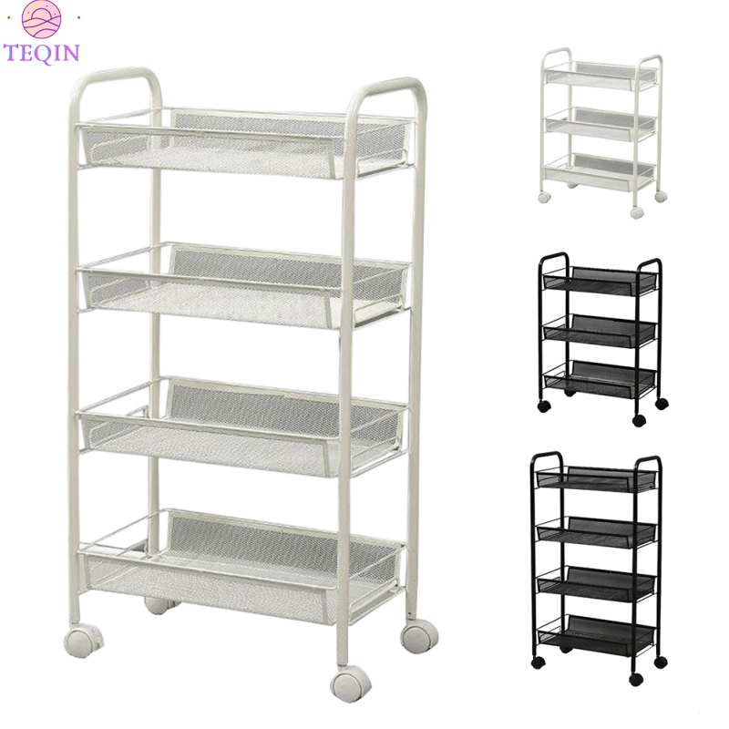 TEQIN 3 Tier/4 Tier Metal Rolling Cart, Utility Rolling Carts With Handle, Lockable Casters, Storage Trolley With 2 Hooks & 2 Hanging Storage Bucket For Kitchen, Living Room ราคา 755 บาท*ส่งฟรี