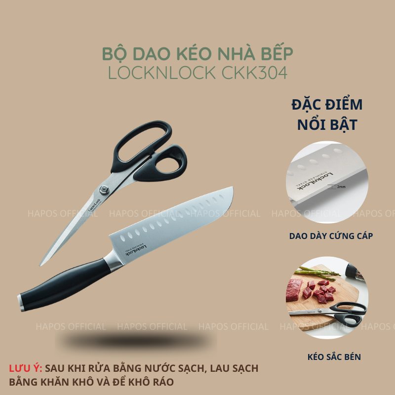 Bộ dao kéo nhà bếp LocknLock bằng thép không gỉ CKK303 CKK304 CKK305 chuẩn Santoku chống ăn mòn - HA