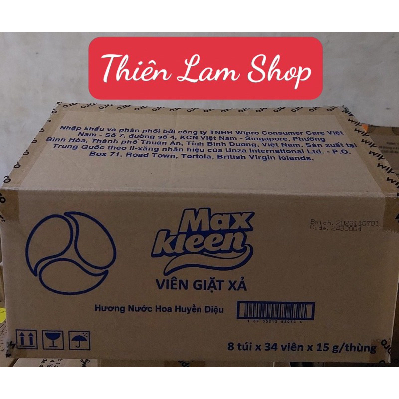 (NGUYÊN THÙNG) Viên giặt Maxkleen 2 trong 1 - Túi 34 viên - Thùng 8 túi