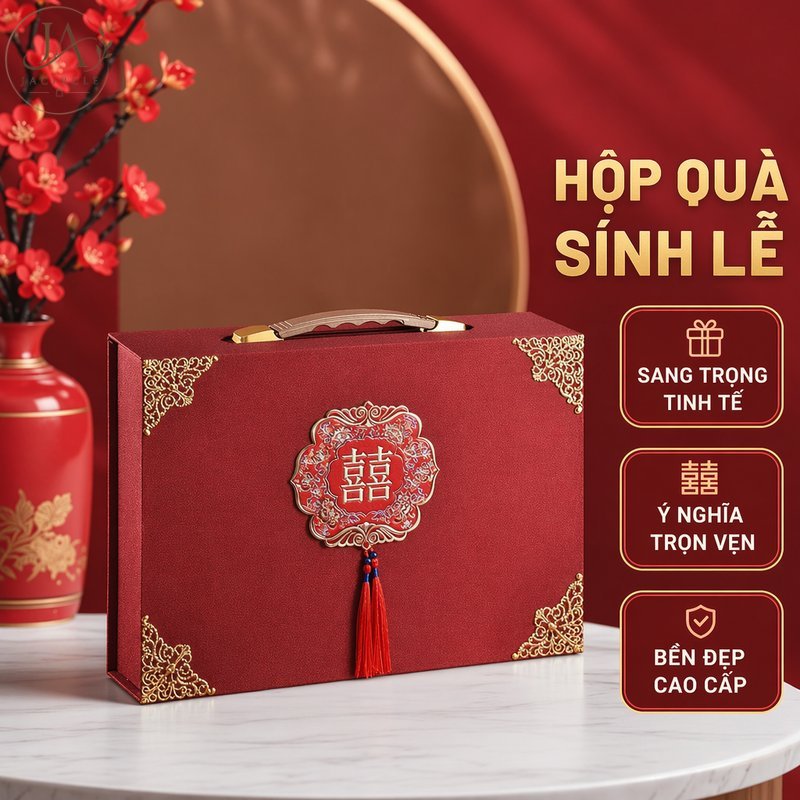 JACIRCLE Hộp valy đựng sính lễ phong cách Tân Hoa tassel tua rua trang trí cưới hỏi quà tặng lễ đính hôn tay xách