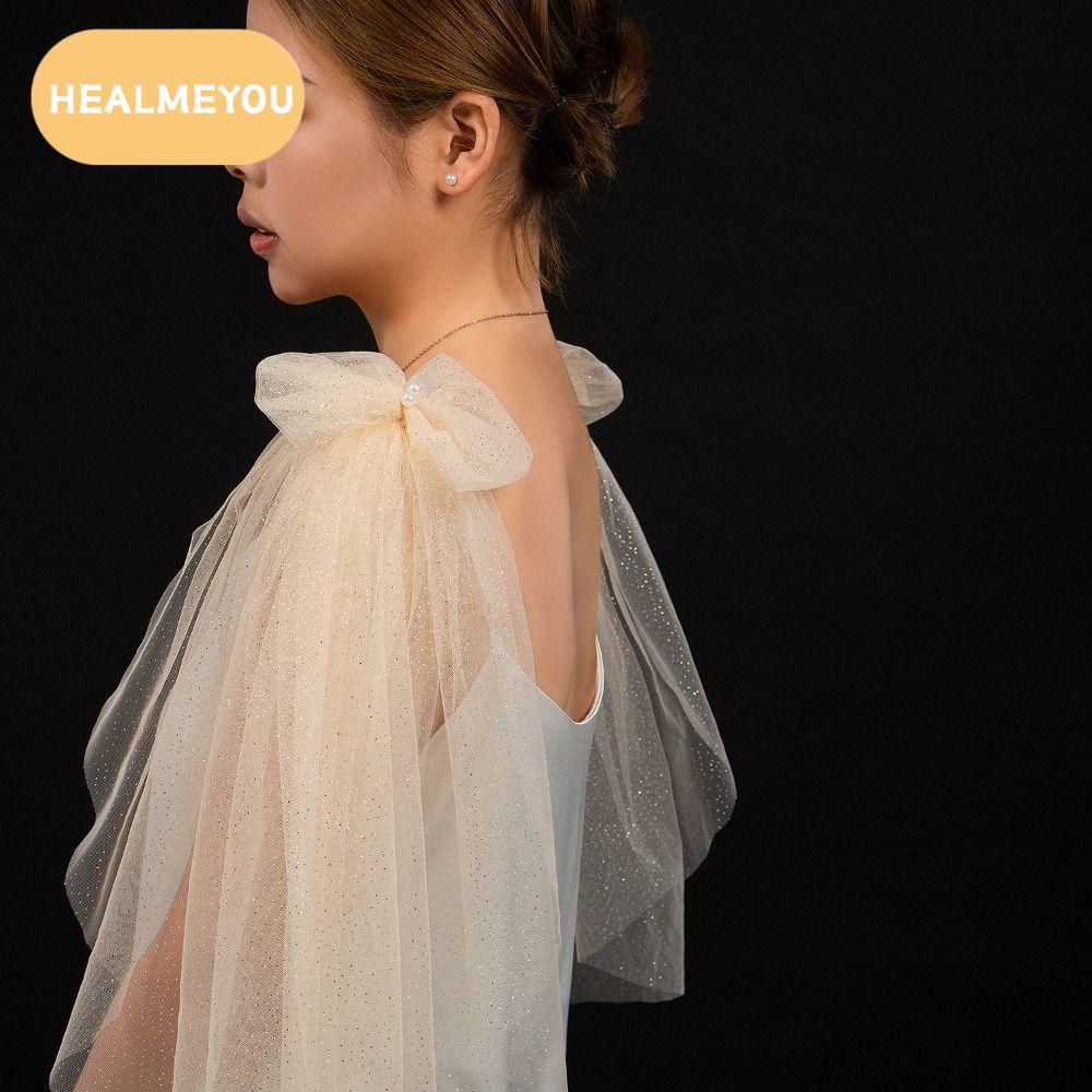 HEALMEYOU 1Pair ผ้าก๊อซสีทอง ผ้าคลุมชุดเจ้าสาว ไข่มุก ผ้าทูลล์จีบ ผ้าพันคอตาข่ายโบว์ สง่างาม แวววาว ผ้าคลุมไหล่โปร่งใสแบบโบว์ ผู้หญิง/เด็กผู้หญิง ราคา 171 บาท*ส่งฟรี