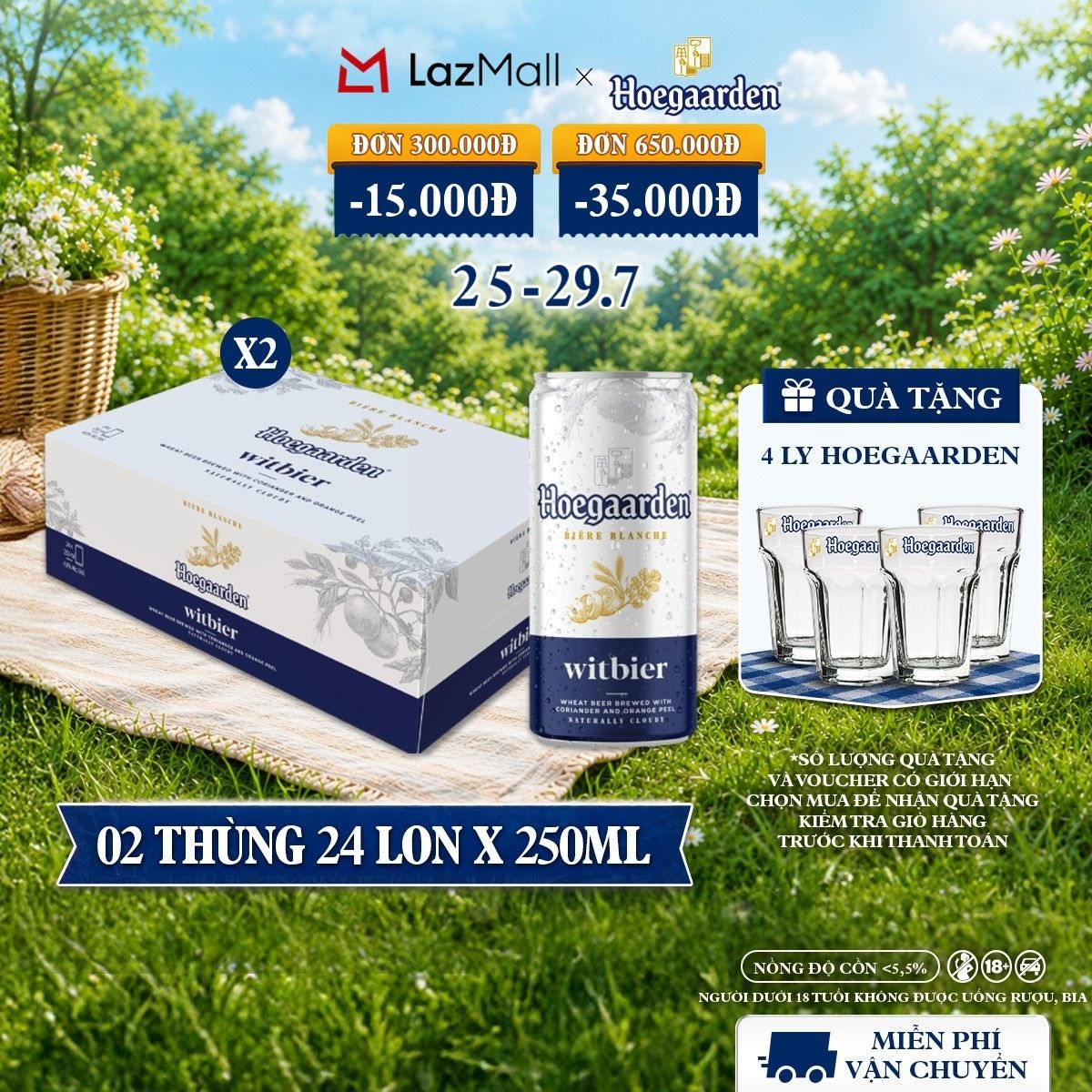Combo 2 Thùng 24 Lon Bia Hoegaarden white bỉ thùng 24 lon (250ml/lon)