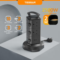 TESSAN Tower Power Strip Extension Multi Plug with USB Retractable 2M Extension Cord Surge Protector Socket