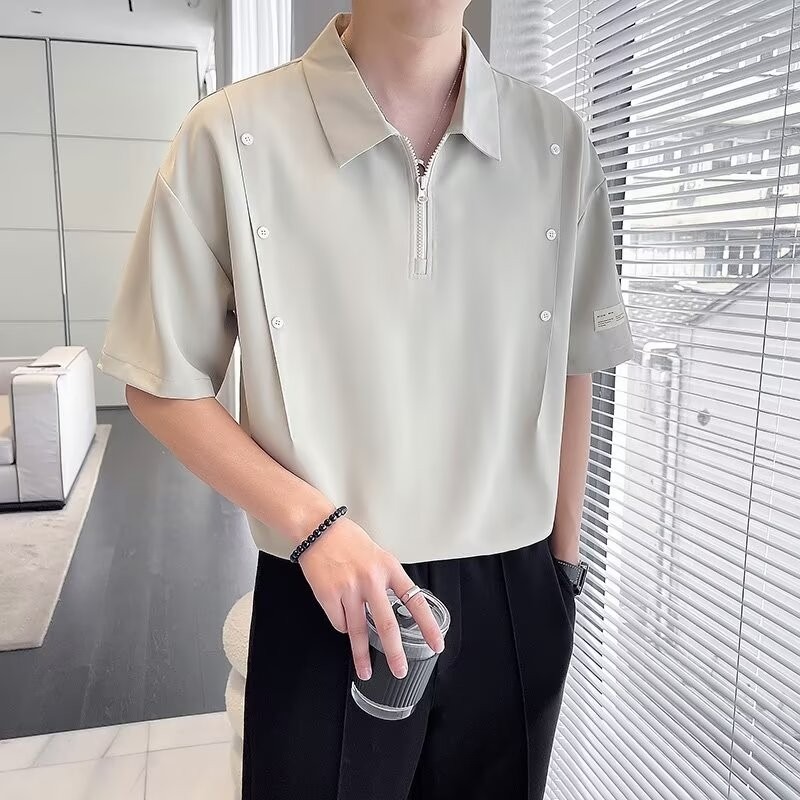 Lụa Lạnh Mùa Hè T Áo Sơ Mi Nam Ngắn Tay Khóa Kéo Polo Thiết Kế Áo Sơ Mi Cảm Giác Cao Cấp Áo Sơ Mi Ta