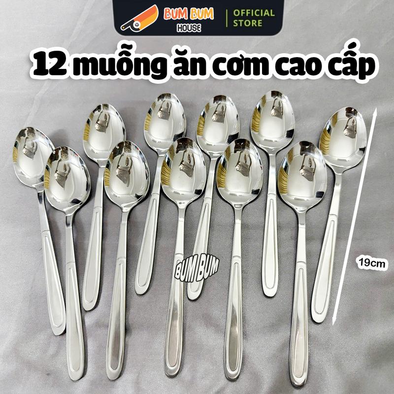 Cao Cấp Set 12 MUỖNG INOX ĐẦU DÀI SIÊU DÀY SÁNG DÀI 19CM Muỗng Ăn Cơm Giọt Nước Cán Dài Inox 316 - Muỗng Thìa Cao Cấp - Muỗng Thìa Nhà Hàng Khách Sạn