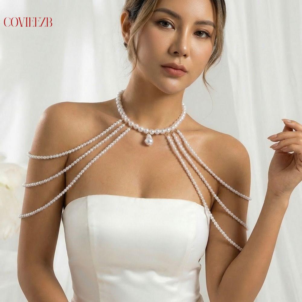 COVIEEZB สร้อยคอทอง สร้อยไหล่ไข่มุกเทียม ลูกปัด หลายชั้น สร้อยคอพู่สำหรับเจ้าสาว สไตล์เรโทร สวมใส่ง่าย สร้อยคอประดับไหล่ งานแต่งงาน ราคา 124 บาท*ส่งฟรี