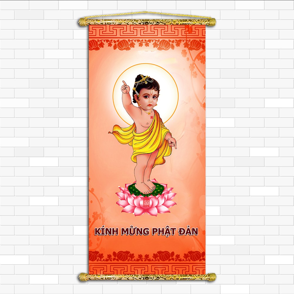 Tranh Liễn Mừng Phật Đản Sanh – Vải canvas cao cấp nẹp sáo gỗ ,nhiều mẫu lựa chọn 50x100 cm