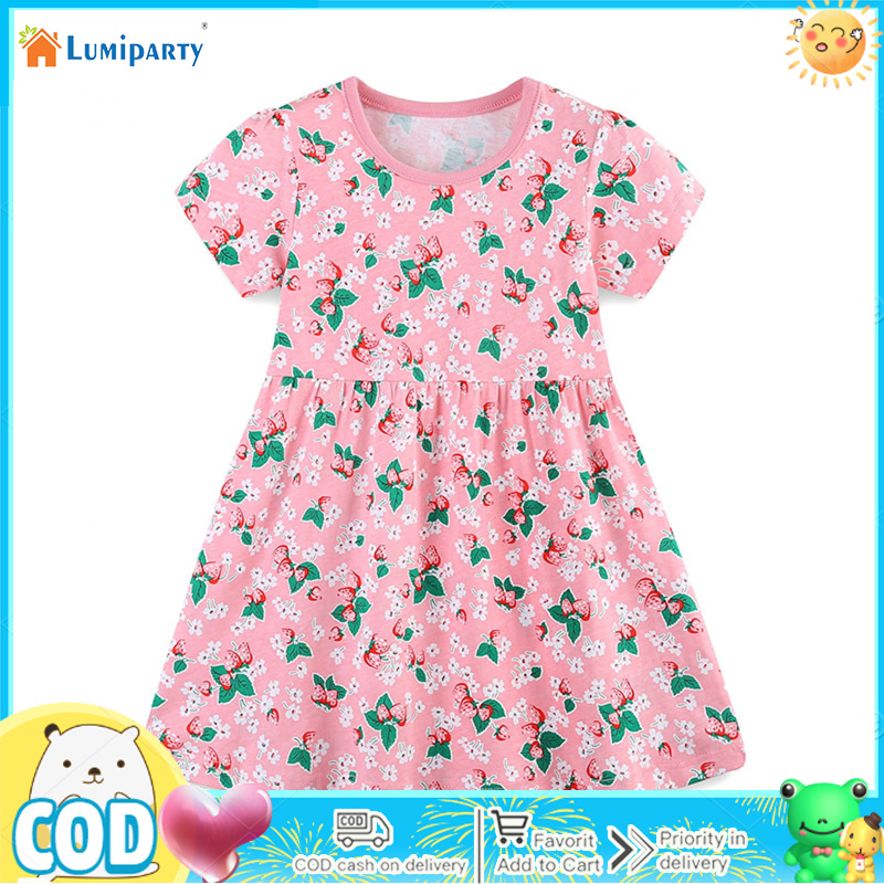 Toddler Girls Cartoon Strawberry Print Dress Round Neck Cotton Short Sleeve Dress Summer Casual Suit ราคา 204 บาท*ส่งฟรี