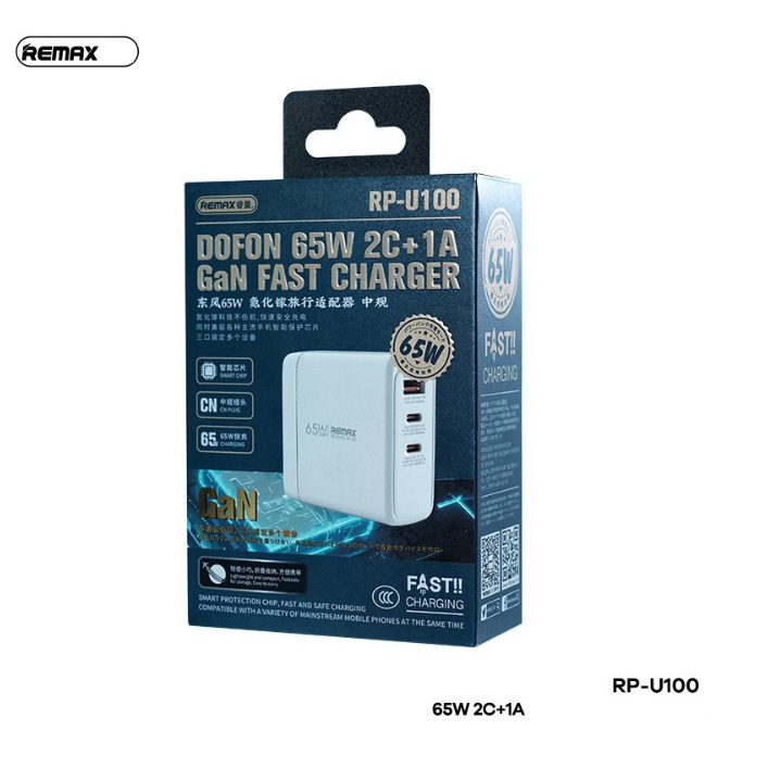 Cốc sạc nhanh 65w remax u100 3 cổng usb và type c pd qc 3.0 - rẻ
