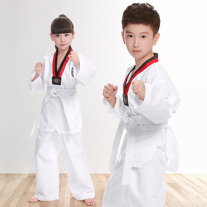 TKD Costumes Clothing White Taekwondo Uniforms WTF Karate Judo Dobok Clothes Children Unisex Long Sleeve Gi Uniform