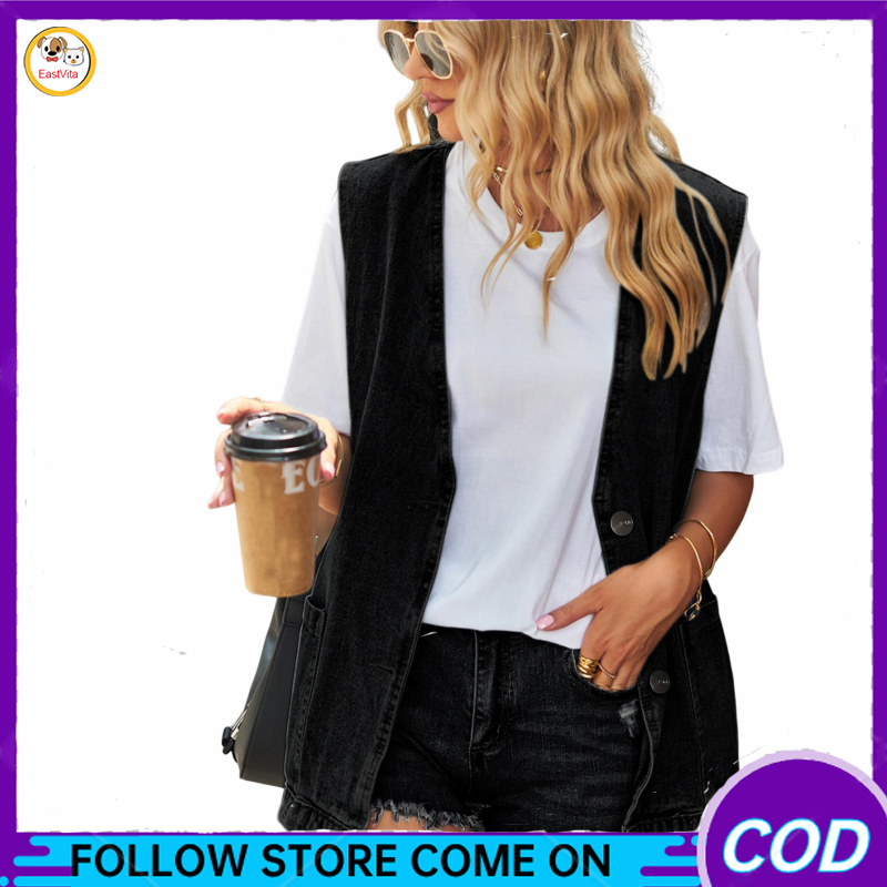 Women's Denim Vest Casual Sleeveless Mid Long Jean Vest Trendy Button Down Oversized Denim Waistcoat