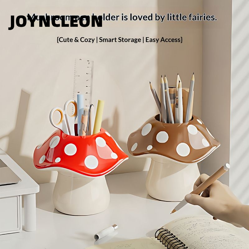 JOYNCLEON Cute Mushroom Makeup Brush Holder Desk Organizer for Kids, Students, and Office - Stylish Creative Storage with Polka Dot Design ราคา 100 บาท*ส่งฟรี