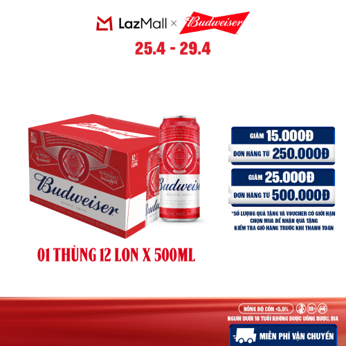 Thùng 12 Lon Bia Budweiser (500ml/lon)