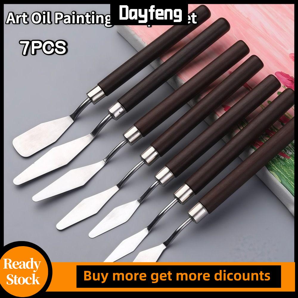 DAYFENG 7PCS Bằng gỗ Bộ cọ vẽ tranh sơn dầu nghệ thuật Nhẹ Thép không gỉ Bộ cọ vẽ Di động Ngăn ngừa rỉ sét Xẻng trộn sơn màu nước Công cụ vẽ