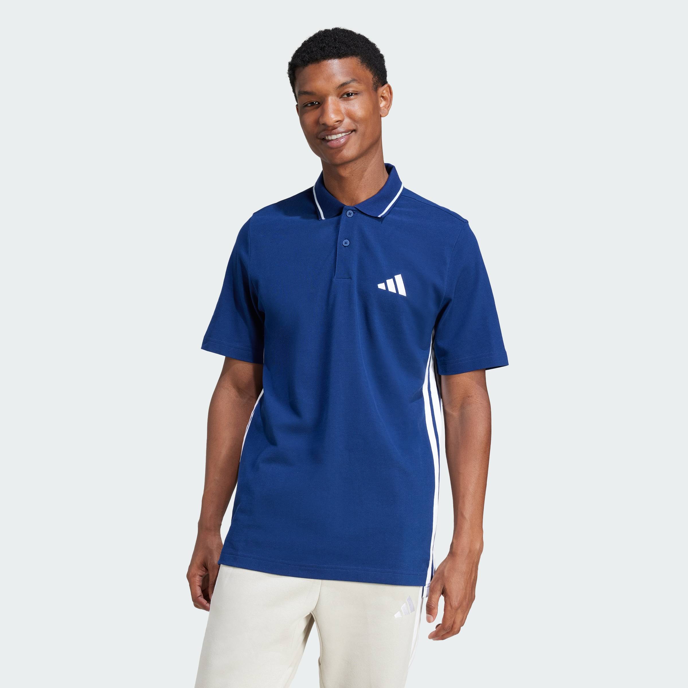 adidas Phong cách sống Áo polo Essentials 3 Sọc vải piqué Nam Màu xanh da trời JE6382
