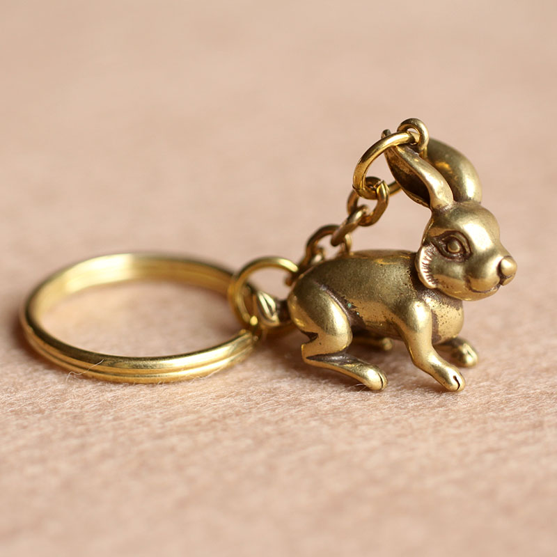 sáng Đồng tạo Keychain nguyên chất thợ đồng cổ đại Zodiac thỏ treo móc chìa khóa xe hơi