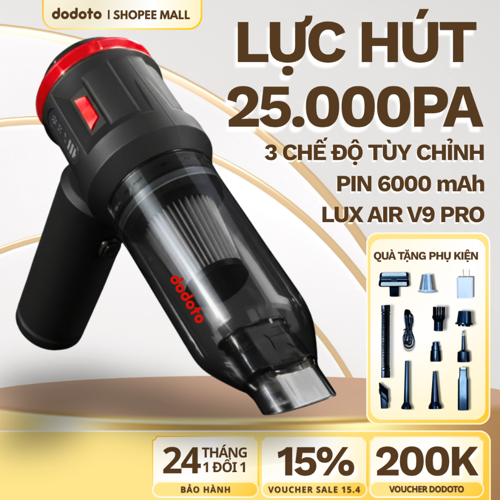Máy hút bụi cầm tay dodoto mini không dây Lux Air V9,động cơ không chổi than, Bảo hành 24 tháng