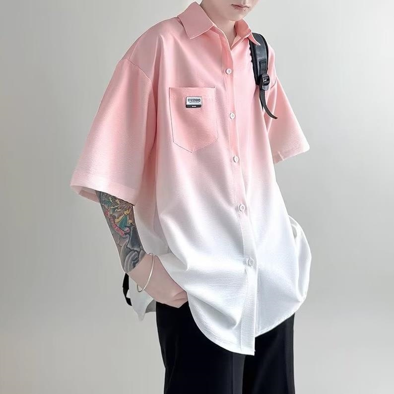 Cod dsfertryre áo sơ mi unisex áo sơ mi tay ngắn màu gradient phong cách thời trang hàn quốc cho nam giới áo đôi nam nữ áo sơ mi form rộng áo đôi nam nữ áo nam đẹp áo sơ mi nữ form rộng