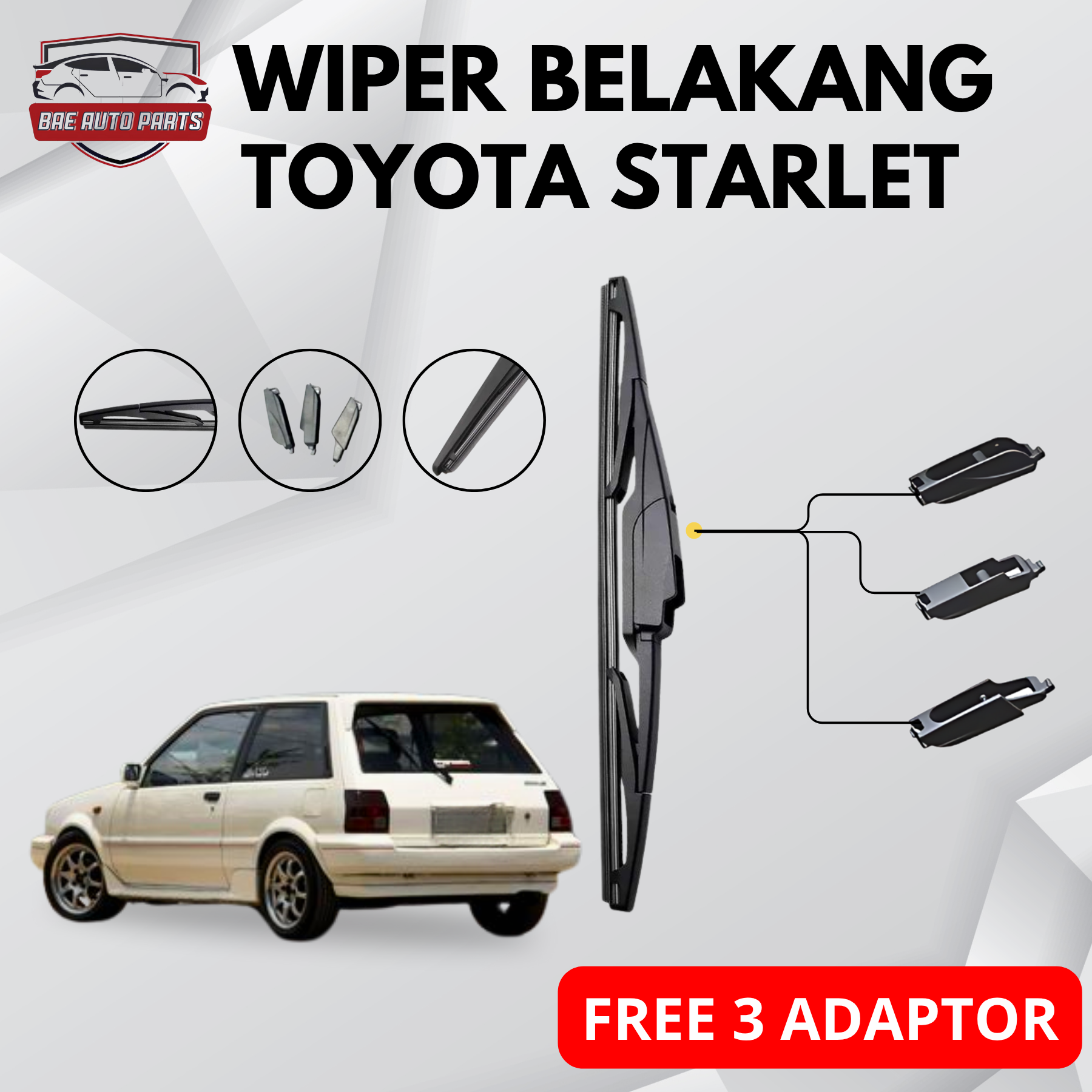 Wiper Belakang Mobil Toyota Starlet Model OEM Anti Karat & Anti Gores Gratis 3 Adaptor Harga 50,000 rupiah*Gratis Ongkir