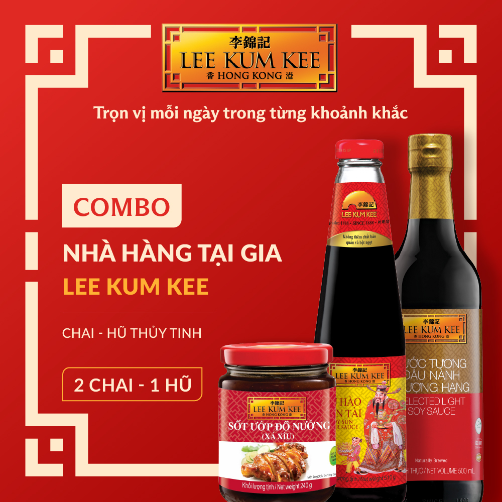 [Đơn 150K Tặng Gói Sốt] Combo Nhà hàng tại gia LEE KUM KEE gồm 01 Chai Nước tương thượng hạng 500 ml, 01 chai Dầu hào Thần tài 510 gram & 01 Hũ Sốt ướp đồ nướng vị xá xíu 240gram