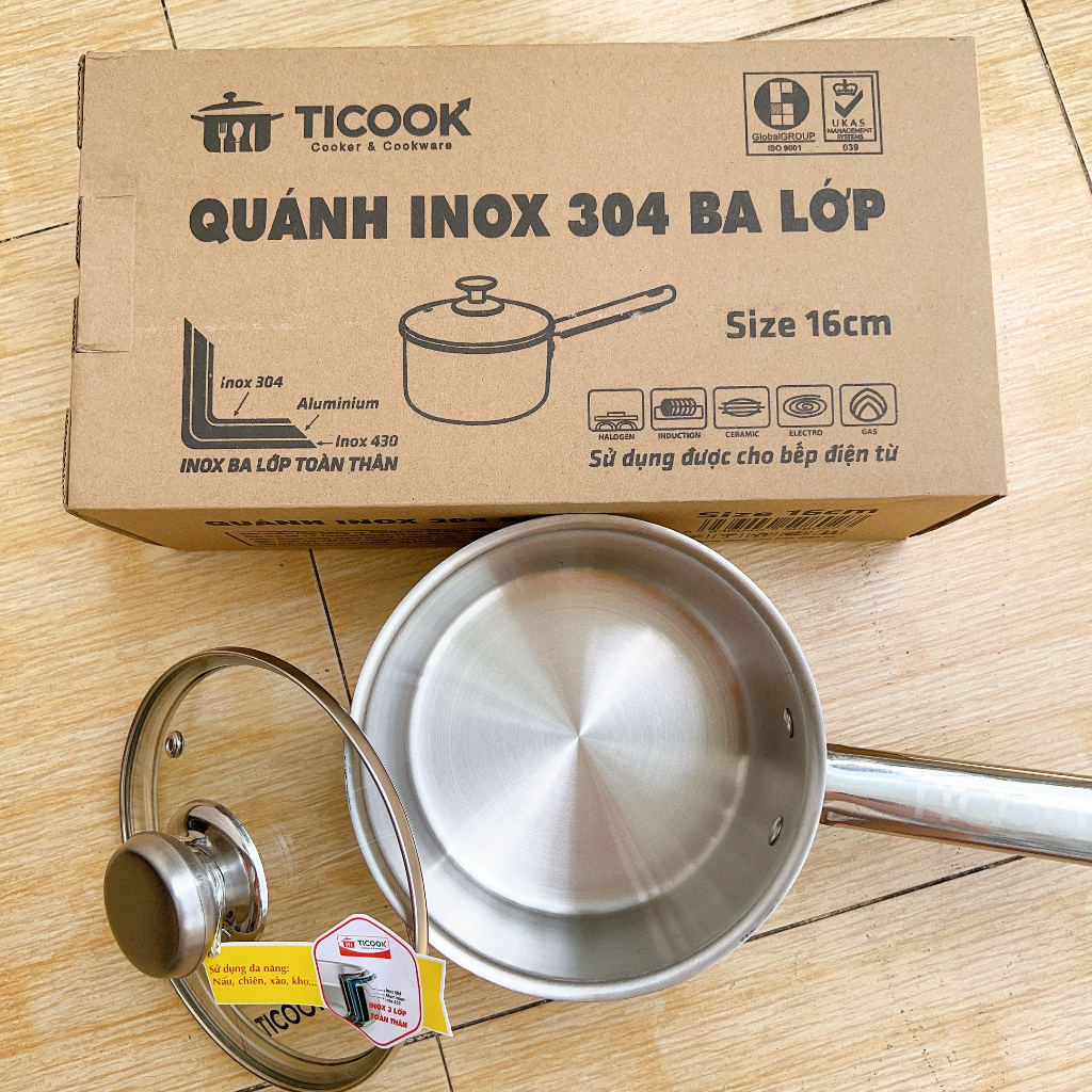 Quánh Inox 304 3 Lớp Nắp Kính Bếp Từ Ticook Cao Cấp 16cm