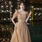 Sequin Square Neck Champagne Evening Dress for Formal Occasions