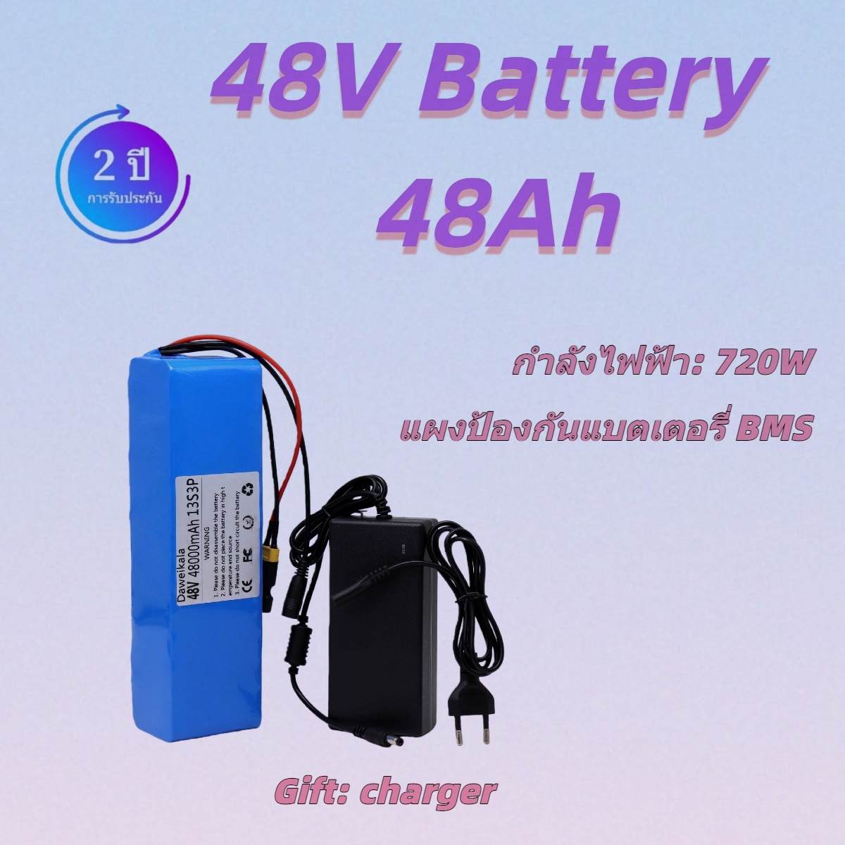 แบตเตอรี่ลิเธียมไอออน 48V 100Ah สำหรับ E-bike พร้อม BMS และที่ชาร์จ 54.6V