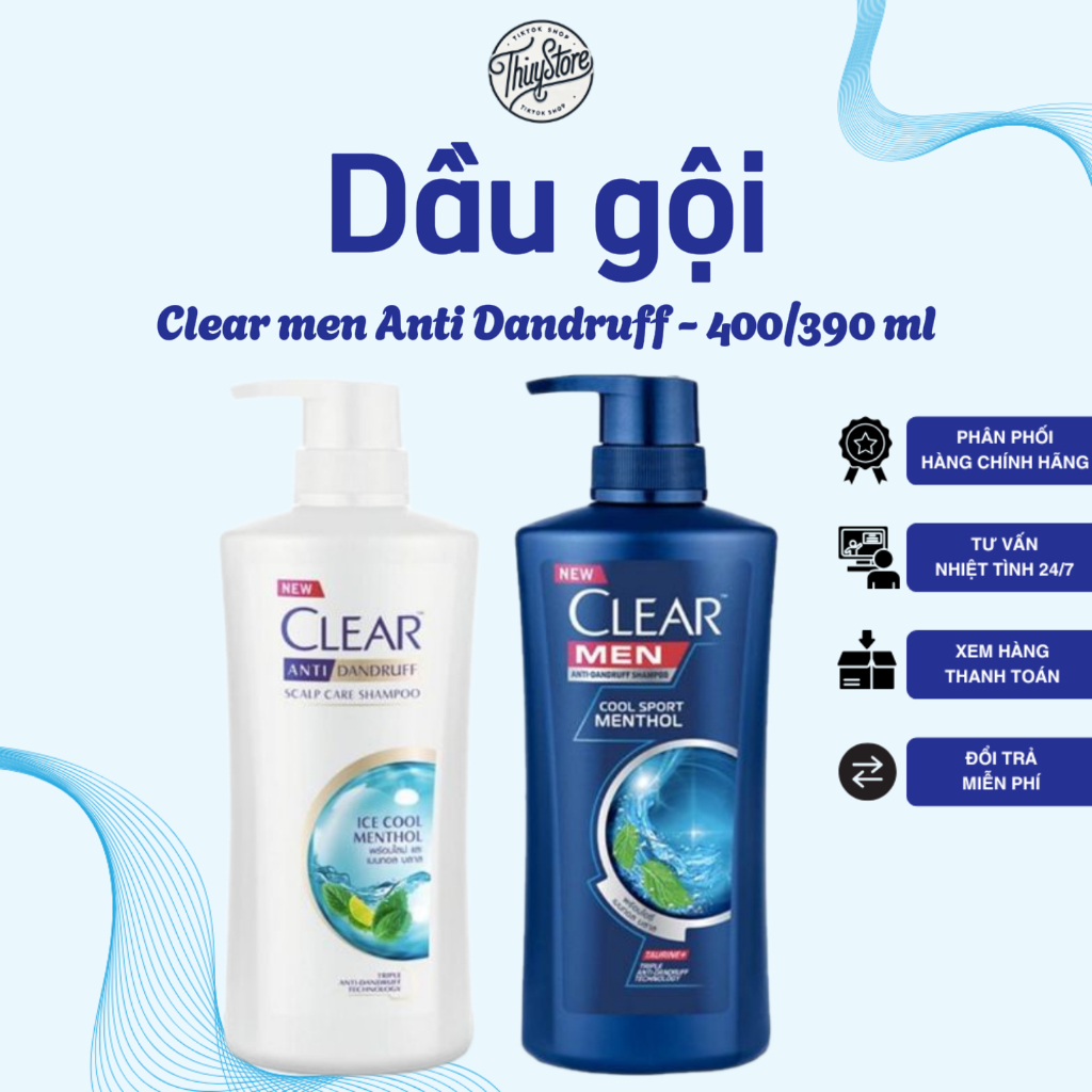 Dầu Gội Clear Men Cool Sport Bạc Hà thá¡ Lan - Giảm tóc gãy rụng, sạch gàu 390m và 400ml