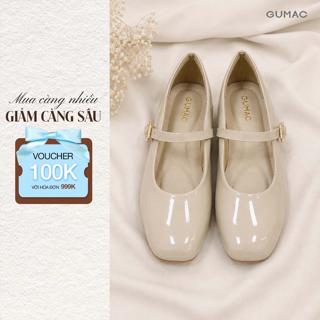 Giày Búp Bê Nữ GUMAC Da Bóng Gót Bệt Êm Chân Quai Khóa Kim Loại Mũi Bo Tròn Thanh Lịch Hiện Đại GG10016