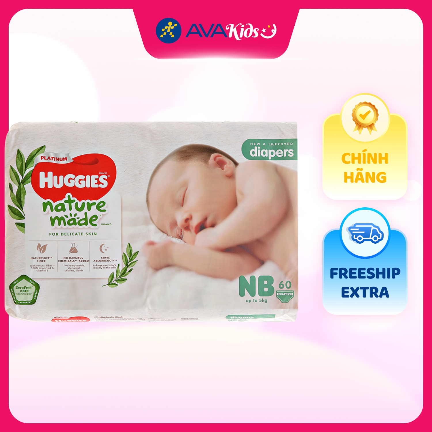 Tã dán Huggies Platinum nature made siêu cao cấp size NB 60 miếng (Dưới 5 kg)